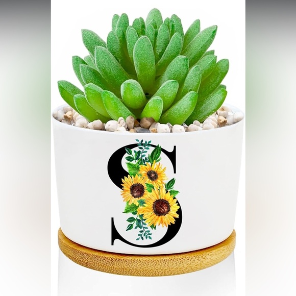 None Other - White Planter with Sunflower Design S